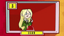 a cartoon character with the name dawn on the bottom
