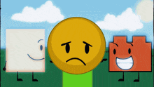 a cartoon character with a sad face is standing next to another character