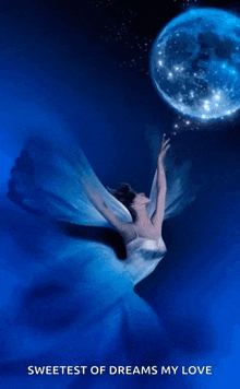 a poster of a woman reaching for the moon with the words sweetest of dreams my love underneath