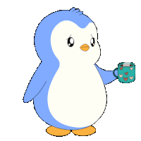 a blue and white penguin is holding a cup of coffee with hearts on it