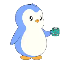 a blue and white penguin is holding a cup of coffee with hearts on it