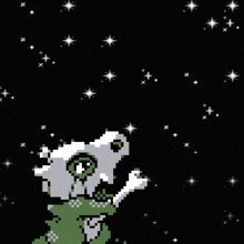 a pixel art drawing of a skeleton looking up at a starry sky