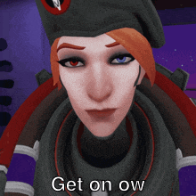a close up of a woman 's face with the words get on ow above her