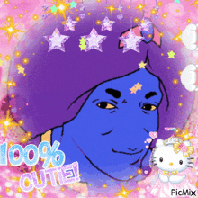 a picture of a blue cartoon character with the words 100 % cute on the bottom