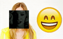 a yellow smiley face next to a picture of a woman 's face