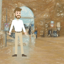 a man in a white shirt and khaki pants is standing in front of a sign that says no parking