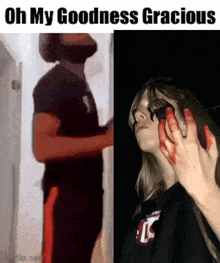 a man standing next to a woman with blood on her face