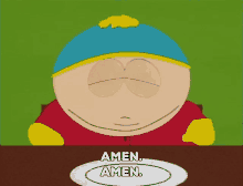 a cartoon character is sitting at a table with a plate that says amen amen