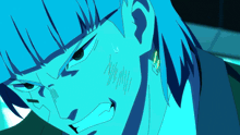 a close up of a person 's face with a blue glow