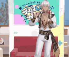a man is standing in front of a sign that says game-but-gar