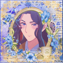 a picture of a girl with blue flowers and a cup of tea