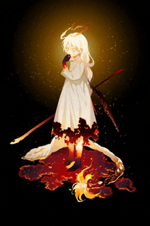 Aleksandra Standing In Lava With A Staff And Licking Her Hands Calmly GIF