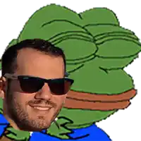a man wearing sunglasses is smiling in front of a cartoon character