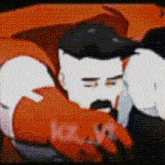 a cartoon of a man with a mustache wearing red gloves and a cape .