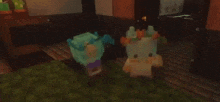 two minecraft animals are standing next to each other on a wooden floor in a room .