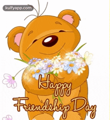 Happy Friendship Day With Bear And Flowers.Gif GIF - Happy Friendship Day With Bear And Flowers Friendship Friendship Day GIFs