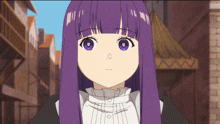 a girl with purple hair and blue eyes has a c on her nose