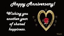 a happy anniversary card with a gold heart and a rose