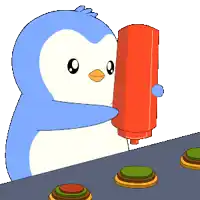a penguin is pouring ketchup on a bun