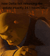 shrek from the movie shrek with a caption that says how delta felt releasing the update exactly 24 hours later