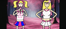 two cheerleaders are standing next to each other in a pink forest