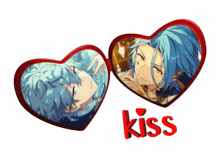a couple of hearts with the word kiss in red
