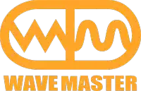 an orange logo for wave master with a wave in the center