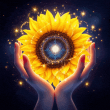 a woman holding a sunflower with a star in the center