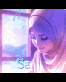 a woman wearing a hijab is sitting in front of a window with the name sa written on the bottom