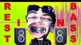 a cartoon of a man with big teeth and the words rest and bass