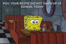 a cartoon of spongebob sitting at a table in a diner .
