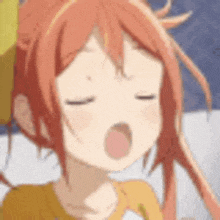 a close up of a girl with orange hair yawning .