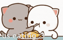 two cartoon cats are eating chicken with the words " us eating 3 " written below them