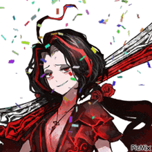a picture of a girl with a sword and confetti with the caption picmix