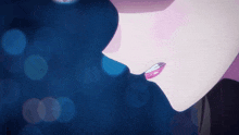 a close up of a anime girl 's face with a purple background