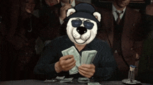 a man wearing sunglasses and a polar bear mask is holding a bunch of money