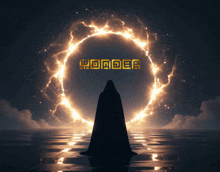 a man in a hooded cape stands in front of a glowing circle with the word wonder on it