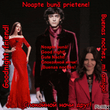 a picture of a woman in a red dress and a man in a suit says goodnight friend