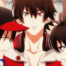 a group of anime characters including one with the letter b on his shirt