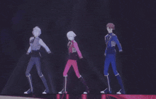 three anime characters are dancing on a stage in front of a dark background