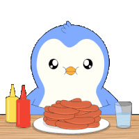 a blue penguin is eating a stack of pancakes
