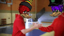 a cartoon duck wearing a rainbow hat shakes hands with another cartoon duck