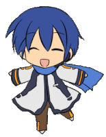 a cartoon character with blue hair and a blue scarf