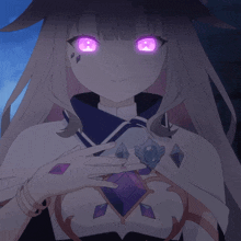 a girl with purple eyes is wearing a necklace with diamonds on it