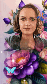 a painting of a woman with purple flowers and butterflies