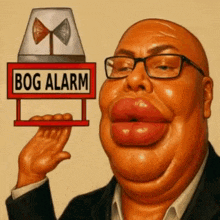 a man with glasses is holding a bog alarm sign