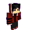 a minecraft character is wearing a red jacket with a hood and black hair .