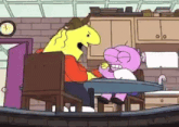 a cartoon character is sitting at a table with another character