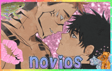a picture of a man kissing another man with the word novios in the corner