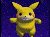a cartoon pikachu is standing in front of a blue background .